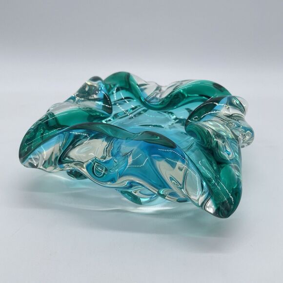 Murano Style Art Glass Ashtray Bowl Green Blue Sommerso Mid Century Heavy Piece - Picture 1 of 8